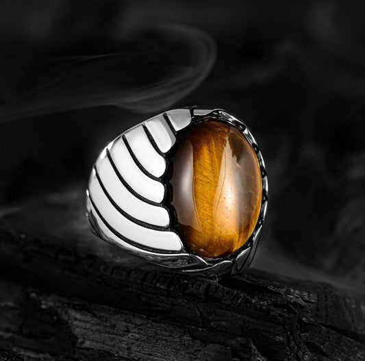 Gental Gems by Karat Kings | Unique Designed Turkish Style Ring with Natural Tiger Eye |  Sterling Silver Oxidized Ring | Men's Jewelry | With Certificate of Authenticity and  Hallmark