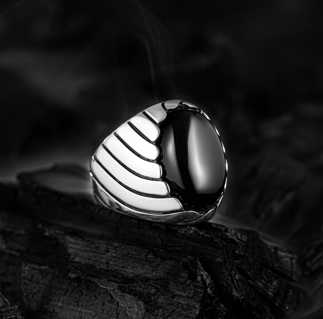 Gental Gems by Karat Kings | Unique Designed Turkish Style Ring with Natural Black Onyx ,  Sterling Silver Oxidized Ring