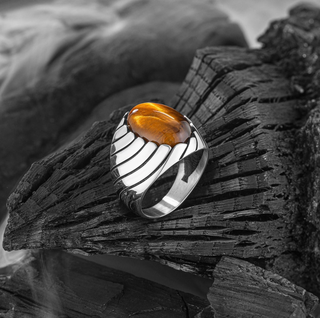 Gental Gems by Karat Kings | Unique Designed Turkish Style Ring with Natural Tiger Eye |  Sterling Silver Oxidized Ring | Men's Jewelry | With Certificate of Authenticity and  Hallmark