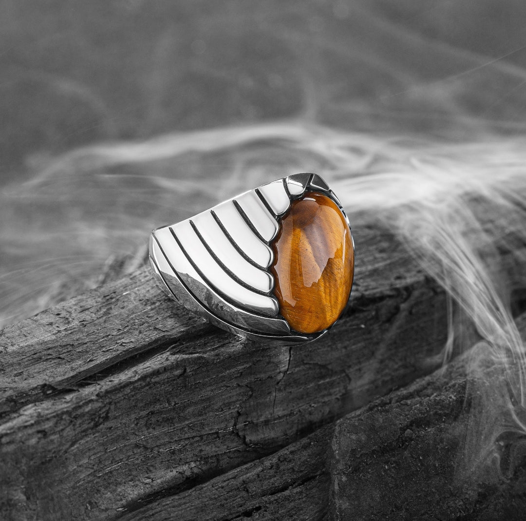 Gental Gems by Karat Kings | Unique Designed Turkish Style Ring with Natural Tiger Eye |  Sterling Silver Oxidized Ring | Men's Jewelry | With Certificate of Authenticity and  Hallmark