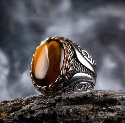 Gental Gems by Karat Kings | Unique Designed Turkish Style Ring with Natural Tiger Eye |  Sterling Silver Oxidized Ring