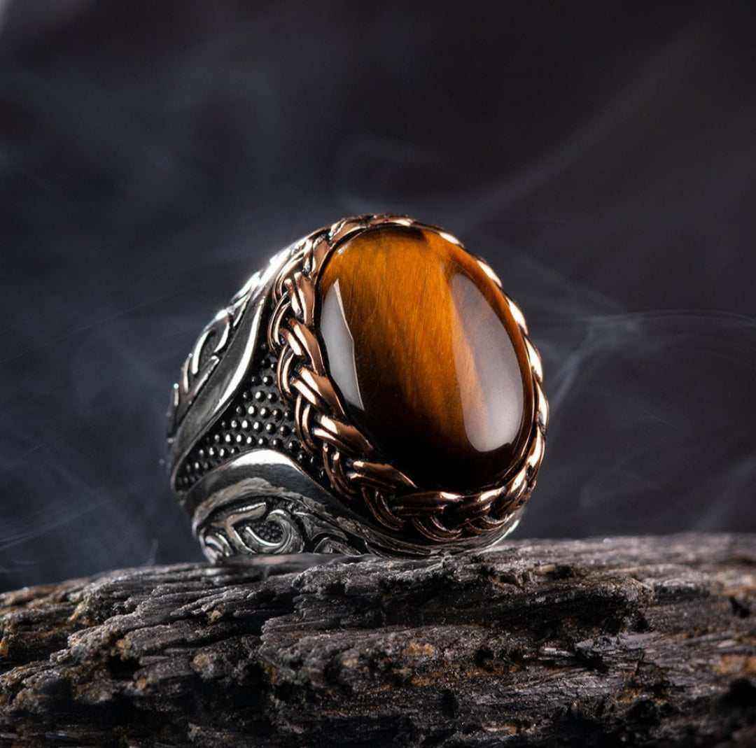 Gental Gems by Karat Kings | Unique Designed Turkish Style Ring with Natural Tiger Eye |  Sterling Silver Oxidized Ring