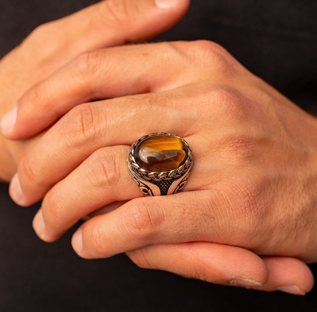 Gental Gems by Karat Kings | Unique Designed Turkish Style Ring with Natural Tiger Eye |  Sterling Silver Oxidized Ring