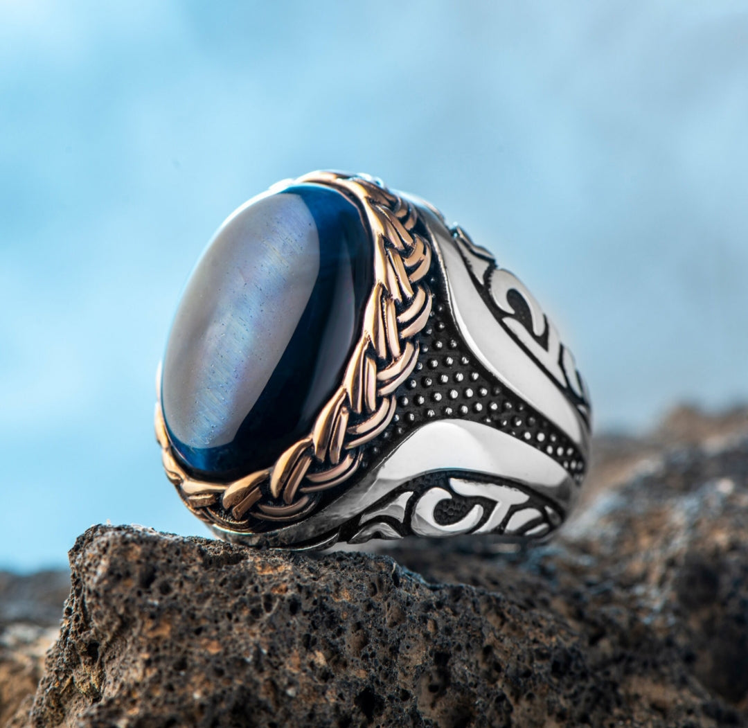 Gental Gems by Karat Kings | Unique Designed Turkish Style Ring with Blue Sapphire |  Sterling Silver Oxidized Ring
