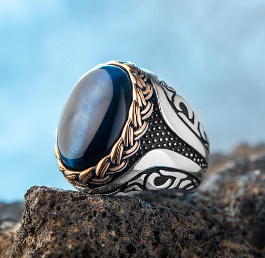 Gental Gems by Karat Kings | Unique Designed Turkish Style Ring with Blue Sapphire |  Sterling Silver Oxidized Ring | Men's Jewelry | With Certificate of Authenticity and  Hallmark