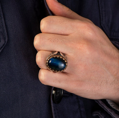 Gental Gems by Karat Kings | Unique Designed Turkish Style Ring with Blue Sapphire |  Sterling Silver Oxidized Ring