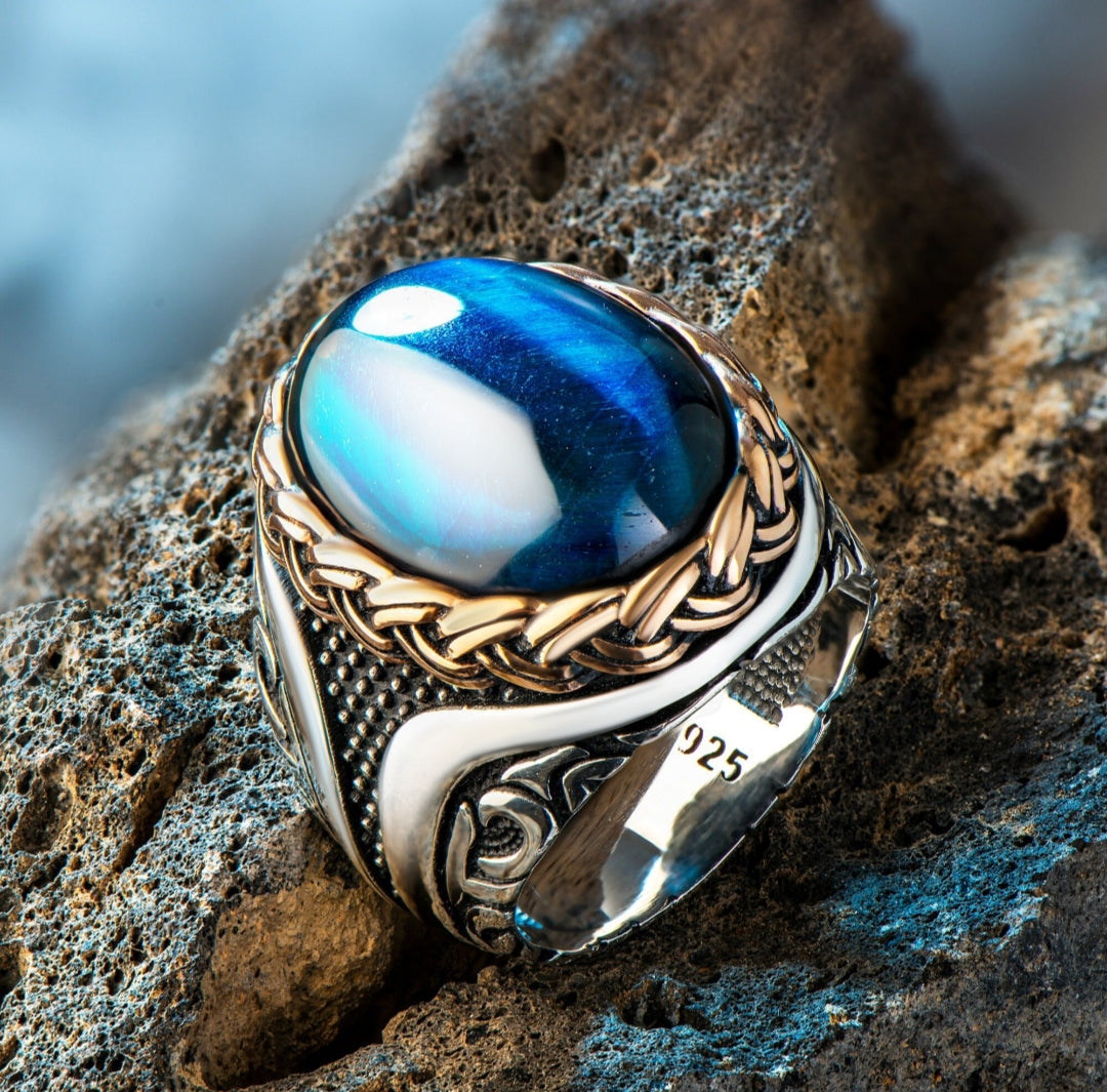 Gental Gems by Karat Kings | Unique Designed Turkish Style Ring with Blue Sapphire |  Sterling Silver Oxidized Ring
