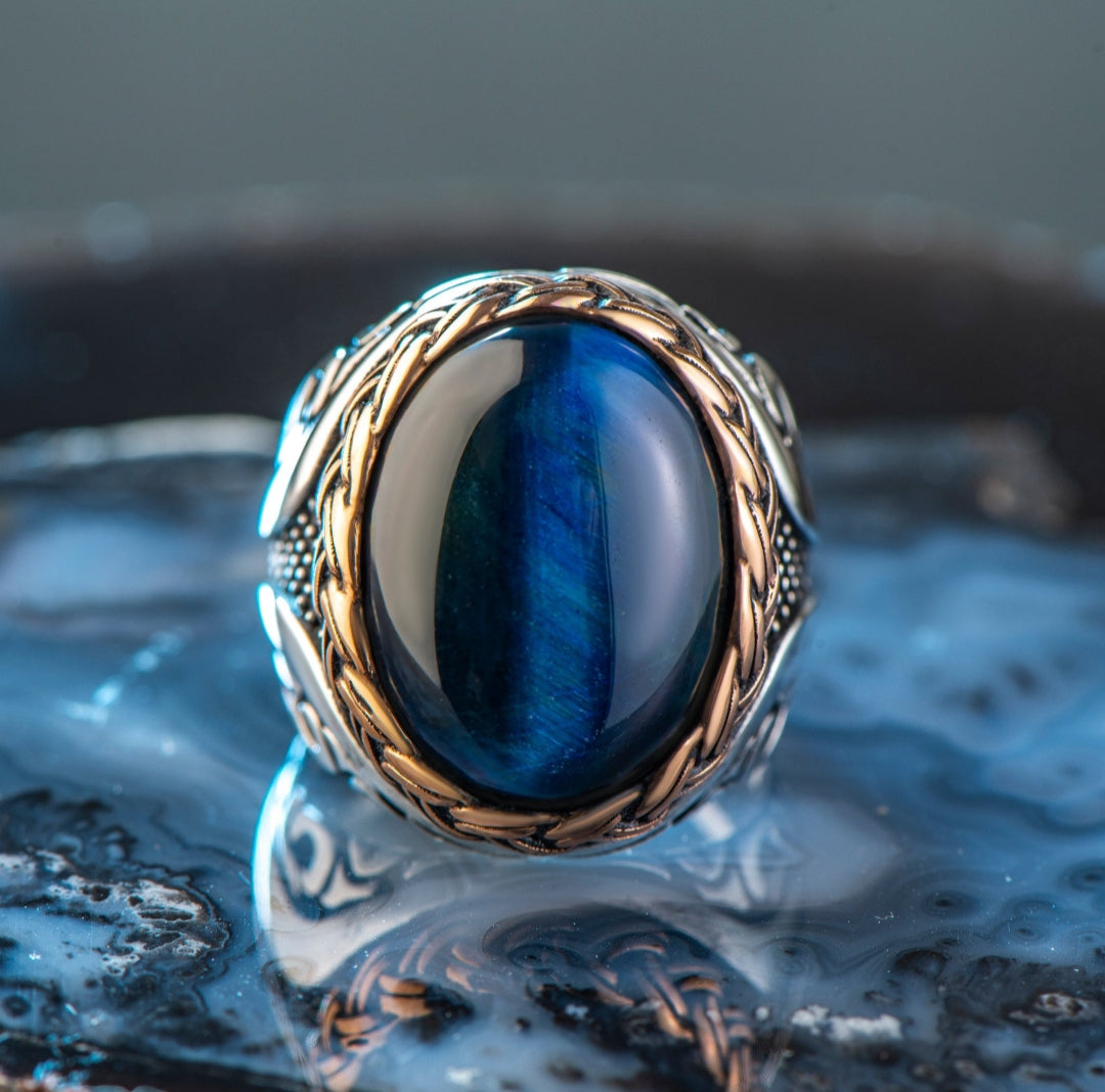 Gental Gems by Karat Kings | Unique Designed Turkish Style Ring with Blue Sapphire |  Sterling Silver Oxidized Ring