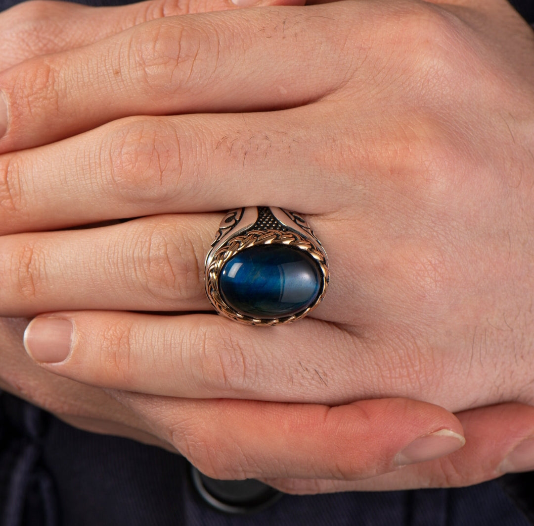 Gental Gems by Karat Kings | Unique Designed Turkish Style Ring with Blue Sapphire |  Sterling Silver Oxidized Ring