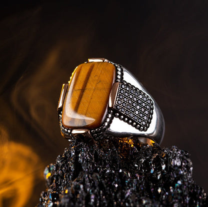 Gental Gems by Karat Kings | Unique Designed Turkish Style Ring with Natural Tiger Eye  |  Sterling Silver Oxidized Ring | Men's Jewelry | With Certificate of Authenticity and  Hallmark