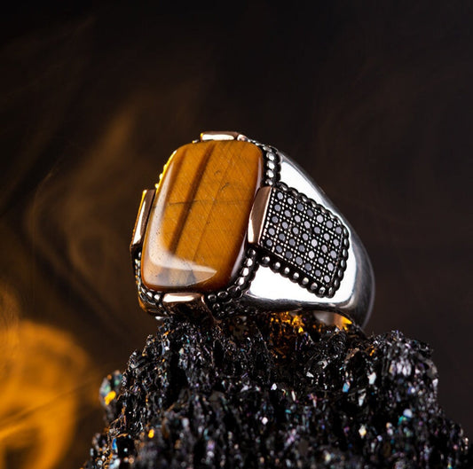 Gental Gems by Karat Kings | Unique Designed Turkish Style Ring with Natural Tiger Eye  |  Sterling Silver Oxidized Ring | Men's Jewelry | With Certificate of Authenticity and  Hallmark