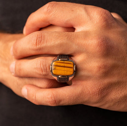 Gental Gems by Karat Kings | Unique Designed Turkish Style Ring with Natural Tiger Eye  |  Sterling Silver Oxidized Ring