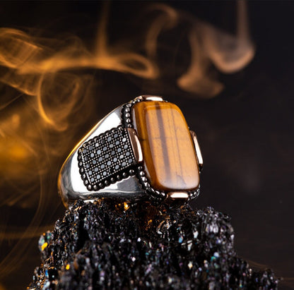 Gental Gems by Karat Kings | Unique Designed Turkish Style Ring with Natural Tiger Eye  |  Sterling Silver Oxidized Ring