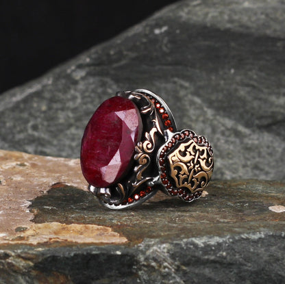 Gental Gems by Karat Kings | Unique Designed Turkish Style Heavy Ring with Natural Red Ruby | 22kt Gold Micron Plated 925 Sterling Silver Oxidized Ring | Men's Jewelry | With Certificate of Authenticity and 925 Hallmark