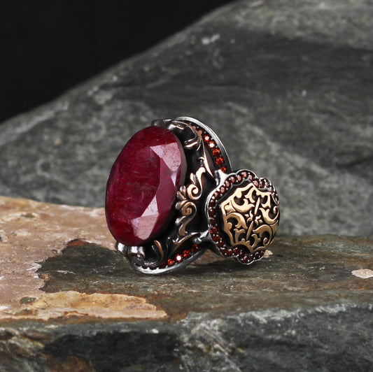 Gental Gems by Karat Kings | Unique Designed Turkish Style Heavy Ring with Natural Red Ruby | 22kt Gold Micron Plated  Sterling Silver Oxidized Ring | Men's Jewelry | With Certificate of Authenticity and  Hallmark