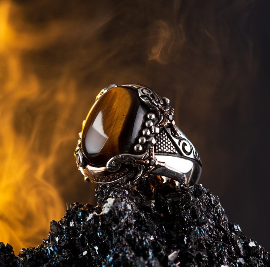 Gental Gems by Karat Kings | Unique Designed Turkish Style Ring with Zulfiqar Sword and Natural Tiger Eye  |  Sterling Silver Oxidized Ring