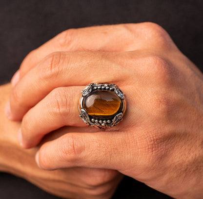 Gental Gems by Karat Kings | Unique Designed Turkish Style Ring with Zulfiqar Sword and Natural Tiger Eye  |  Sterling Silver Oxidized Ring