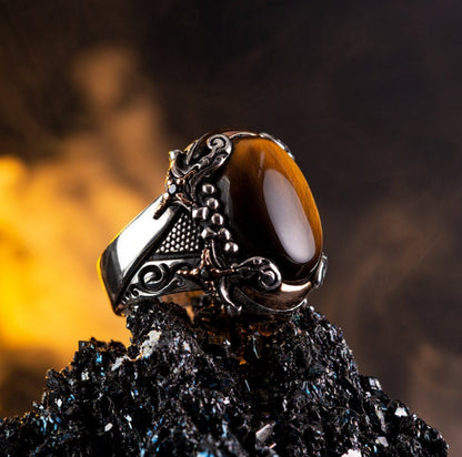 Gental Gems by Karat Kings | Unique Designed Turkish Style Ring with Zulfiqar Sword and Natural Tiger Eye  |  Sterling Silver Oxidized Ring