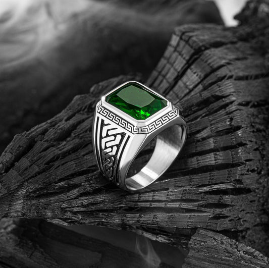 Gental Gems by Karat Kings | Unique Versace Designed Turkish Style Ring with Green Zircon ,  Sterling Silver Oxidized Ring | Men's Jewelry | With Certificate of Authenticity and  Hallmark