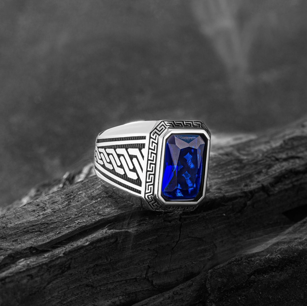 Gental Gems by Karat Kings | Unique Versace Designed Turkish Style Ring with Blue Zircon ,  Sterling Silver Oxidized Ring | Men's Jewelry | With Certificate of Authenticity and  Hallmark
