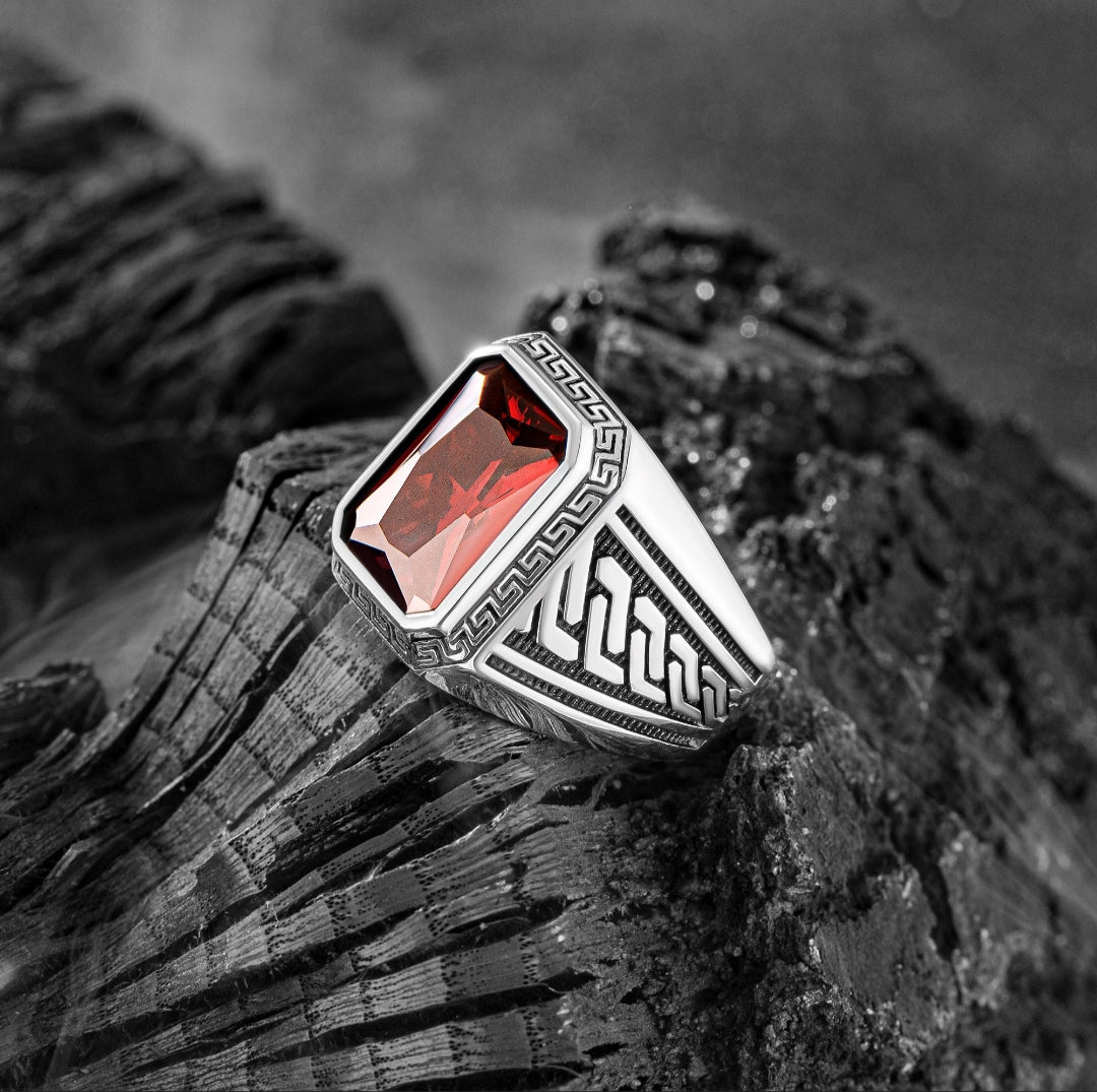 Gental Gems by Karat Kings | Unique  Designed Turkish Style Ring with Red Zircon ,  Sterling Silver Oxidized Ring