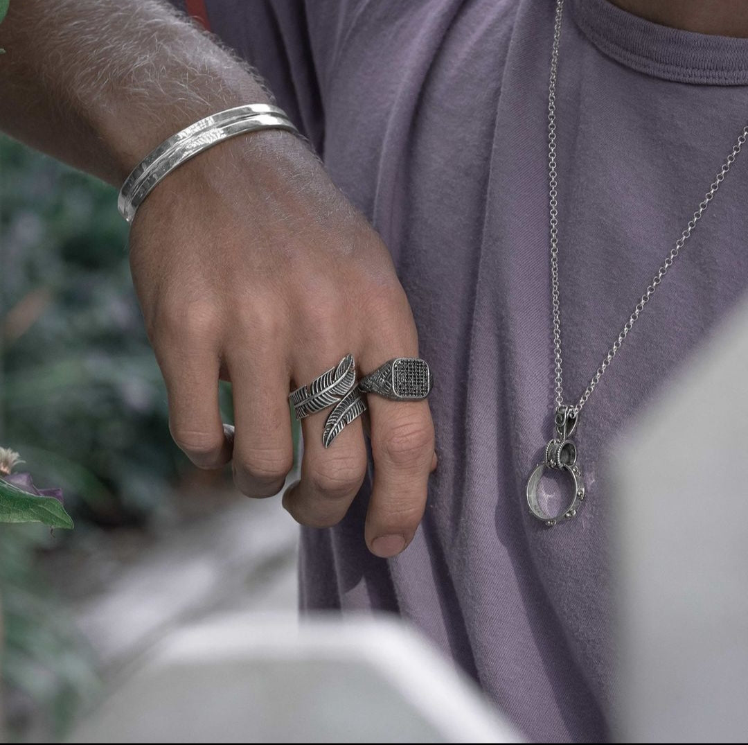 Gental Gems by Karat Kings | Exclusive Feather Style Signet Ring for Men, Oxidized Sterling Silver  Ring | Jewellery for Men