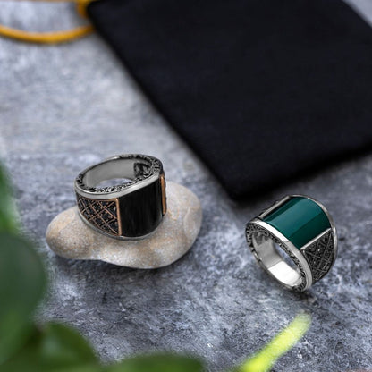 Gental Gems by Karat Kings | Unique Designed Turkish Style Curved Ring with Green Onyx  |  Sterling Silver Gold Plated Ring | Men's Jewelry | With Certificate of Authenticity and  Hallmark