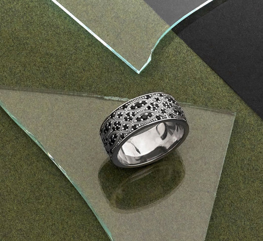 Gental Gems by Karat Kings | Exclusive Streamline Band Ring Studded with Black Swarovski for Men, Oxidized Sterling Silver  Ring | Jewellery for Men| With Certificate of Authenticity and  Hallmark