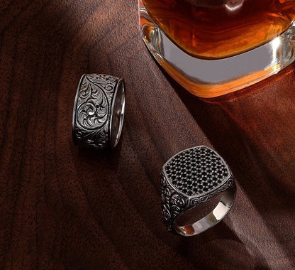 Gental Gems by Karat Kings | Exclusive Classic Cushion Pave Ring Studded with Black Zircons, Sterling Silver  Ring | Jewellery for Men