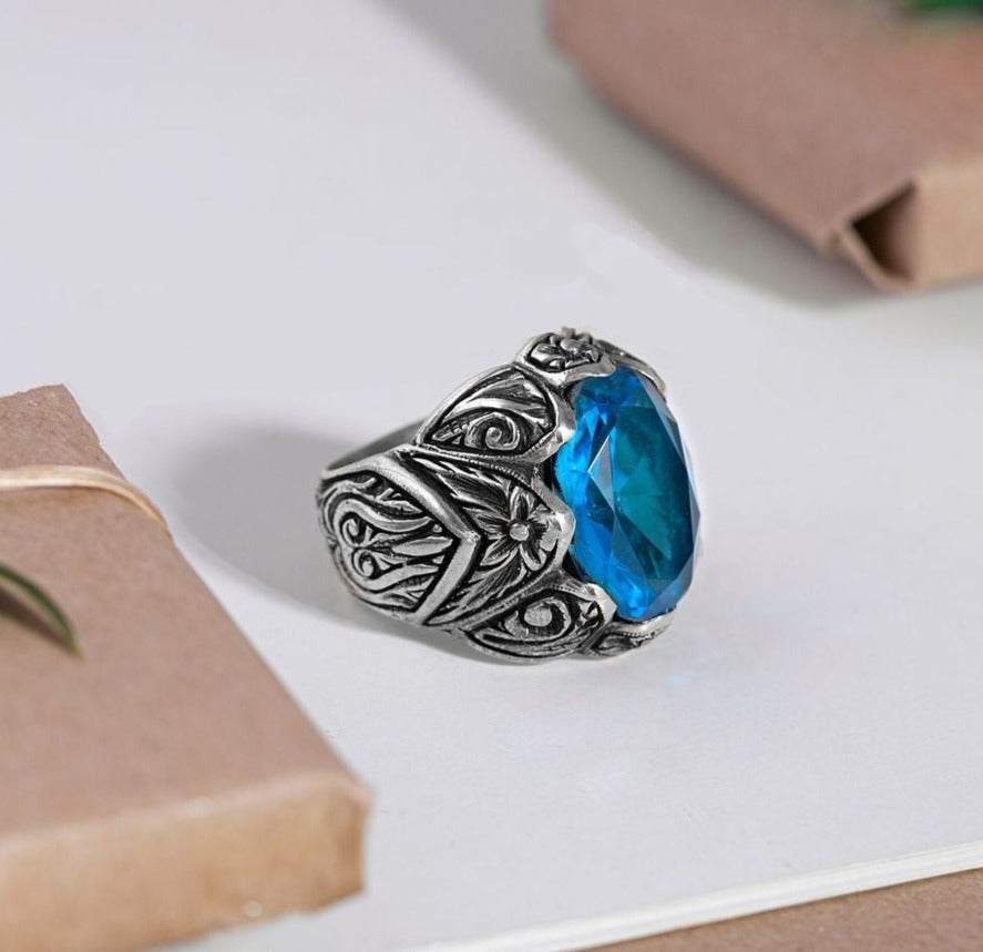 Gental Gems by Karat Kings | Exclusively Designed Ring with Blue Topaz |  Sterling Silver Oxidized Ring | Men's Jewelry | With Certificate of Authenticity and  Hallmark