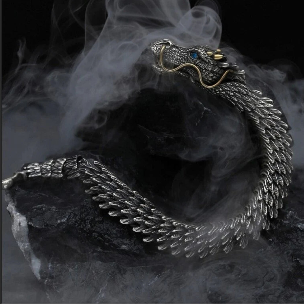 Unique Golden Horn Oxidized Dragon Bracelet with Blue Eyes | 925 Sterling Silver Oxidized Bracelet | Unisex Jewelry Authenticity and 925