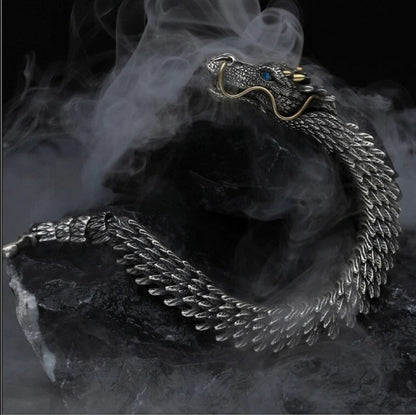 Unique Golden Horn Oxidized Dragon Bracelet with Blue Eyes |  Sterling Silver Oxidized Bracelet | Unisex