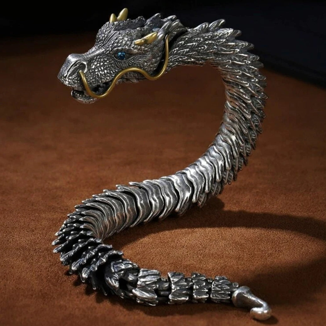 Unique Golden Horn Oxidized Dragon Bracelet with Blue Eyes | 925 Sterling Silver Oxidized Bracelet | Unisex Jewelry Authenticity and 925