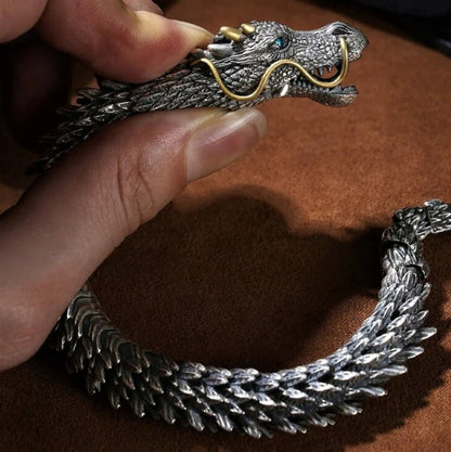 Unique Golden Horn Oxidized Dragon Bracelet with Blue Eyes |  Sterling Silver Oxidized Bracelet | Unisex