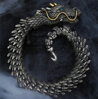 Unique Golden Horn Oxidized Dragon Bracelet with Blue Eyes |  Sterling Silver Oxidized Bracelet | Unisex