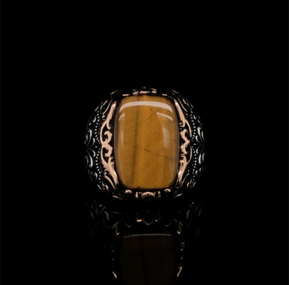 Gental Gems by Karat Kings | Unique Designed Turkish Style Ring with Natural Tiger Eye  |  Sterling Silver Oxidized Ring