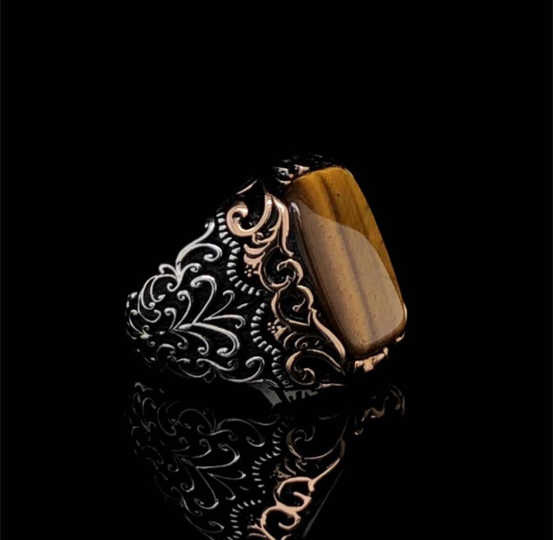 Gental Gems by Karat Kings | Unique Designed Turkish Style Ring with Natural Tiger Eye  |  Sterling Silver Oxidized Ring