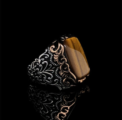 Gental Gems by Karat Kings | Unique Designed Turkish Style Ring with Natural Tiger Eye  |  Sterling Silver Oxidized Ring
