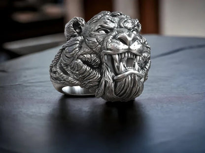 Gental Gems by Karat Kings | Unique Designed Solid Ferocious 3D Tiger Face Ring |  Sterling Silver Oxidized Ring | Men's Jewelry | With Certificate of Authenticity and  Hallmark