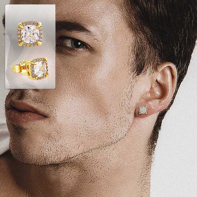 Gental Gems by Karat Kings | Princess Cut Diamond Stud Earrings for Men | AAA+ Quality Swarovski Diamond & White Rhodium &  Gold Plated  Sterling Silver Earrings | Jewellery for Men