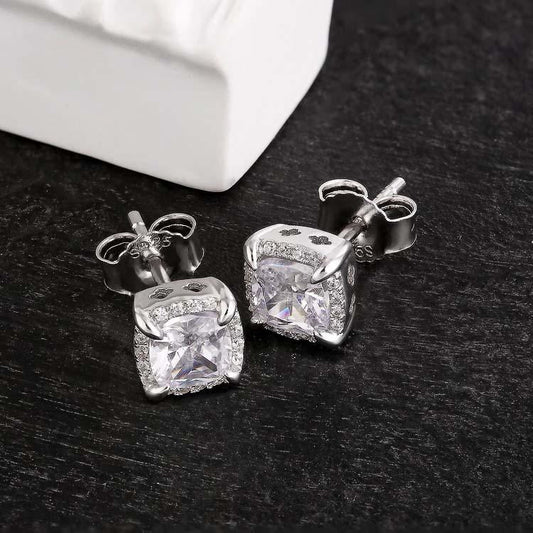 Gental Gems by Karat Kings | Princess Cut Diamond Stud Earrings for Men | AAA+ Quality Swarovski Diamond & White Rhodium &  Gold Plated  Sterling Silver Earrings | Jewellery for Men| With Certificate of Authenticity and  Hallmark