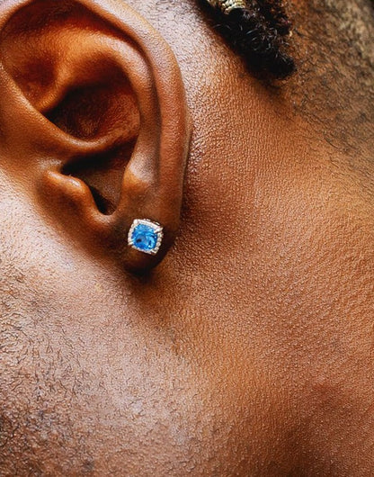 Gental Gems by Karat Kings | Princess Cut Blue Topaz & Diamond Stud Earrings for Men | AAA+ Quality Swarovski Diamond & White Rhodium  Sterling Silver Earrings | Jewellery for Men