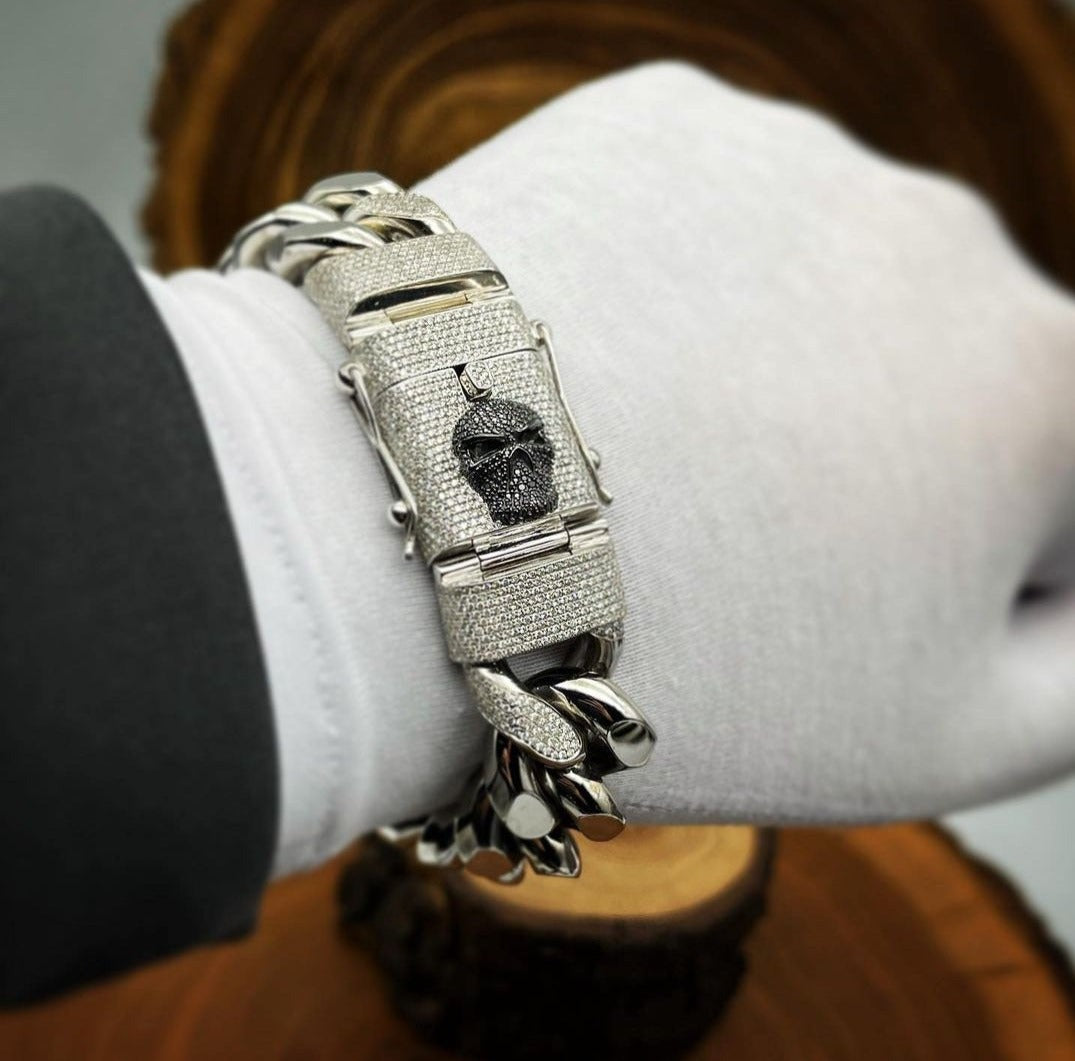 Gental Gems by Karat Kings | Unique 16mm High Polished Solid Miami Cuban Bracelet with Iced Skull Lock for Men |  Sterling Silver Bracelet