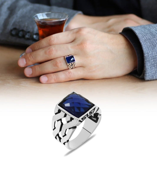 Gental Gems by Karat Kings | Unique Turkish Gucci Style Ring with Faceted Blue S Sapphire |  Sterling Silver Oxidized Ring | Men's Jewelry | With Certificate of Authenticity and  Hallmark