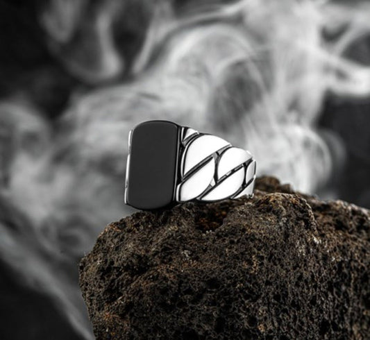 Gental Gems by Karat Kings | Unique Turkish Braided Style Ring with Natural Black Onyx |  Sterling Silver Oxidized Ring | Men's Jewelry | With Certificate of Authenticity and  Hallmark