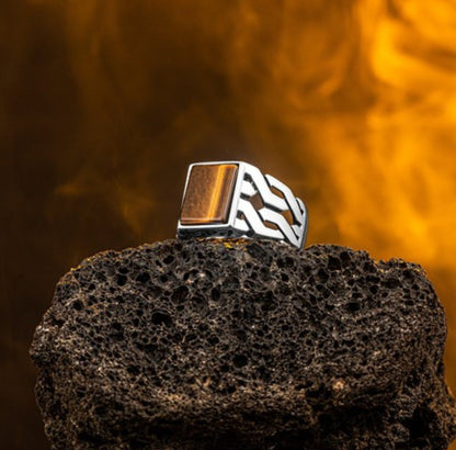 Gental Gems by Karat Kings | Unique Turkish  Style Ring with Natural Tiger Eye |  Sterling Silver Oxidized Ring