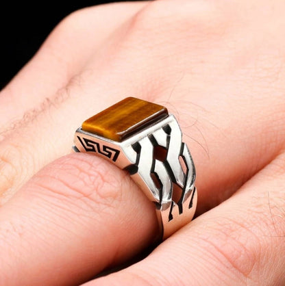 Gental Gems by Karat Kings | Unique Turkish  Style Ring with Natural Tiger Eye |  Sterling Silver Oxidized Ring