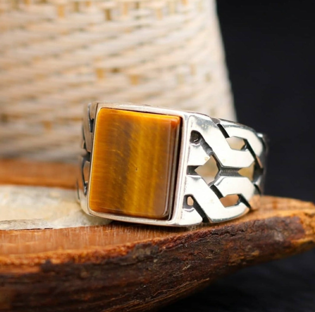 Gental Gems by Karat Kings | Unique Turkish  Style Ring with Natural Tiger Eye |  Sterling Silver Oxidized Ring