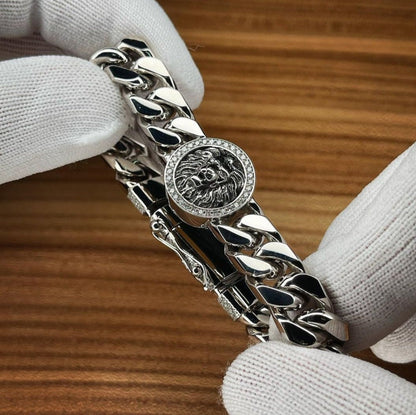 Unique 13mm Solid Cuban High Polished Lion Bracelet with Iced custom Letter Lock for Men |  Sterling Silver Bracelet