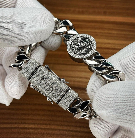 Unique 13mm Solid Cuban High Polished Lion Bracelet with Iced custom Letter Lock for Men |  Sterling Silver Bracelet | Men's Jewelry | With Certificate of Authenticity and  Hallmark